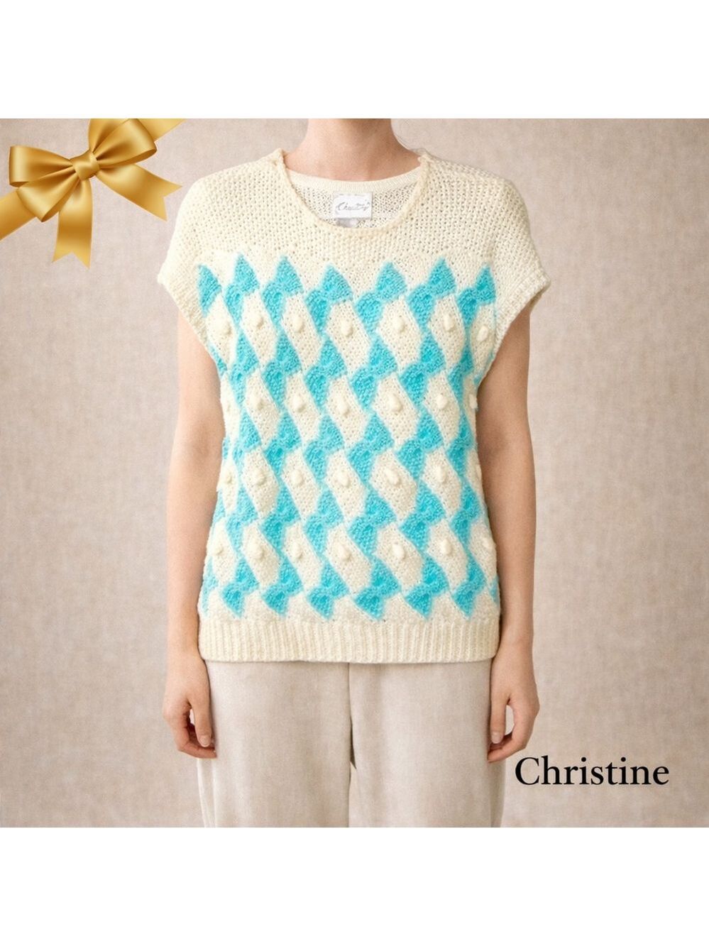 Christine Original Cup Sleeve Sweater Vest Turquoise White Vintage Medium